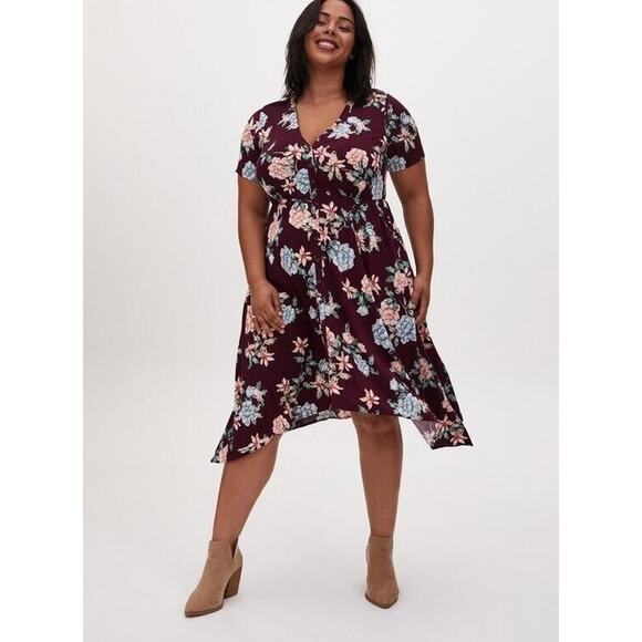 Torrid Midi Challis Shirt Dress 3X Burgundy Asymmetrical Hem Casual Button Up - Picture 1 of 10